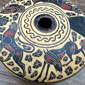 Vintage Peruvian Pottery Oil Lamp Vessel – Hand Painted Nazca Style – Folk Art Ceramic Candle Holder – Rustic Primitive Decor – 5” Wide