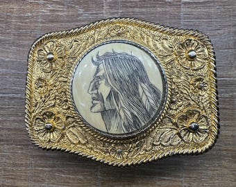 Vintage Western Gold Tone Belt Buckle Native American Inspired Portrait Engraved Cabochon Floral Cowboy Southwestern Boho 3”
