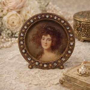 Vintage Ornate Round Portrait Miniature Frame with Rhinestone Accents on Easel Stand