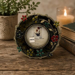Vintage Floral Enamel Pewter Mini Picture Frame – 2x2 Round Jeweled Photo Frame