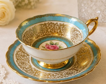 Taza y platillo Paragon Turquoise Gold Rose de la década de 1940, porcelana fina, Inglaterra A515H