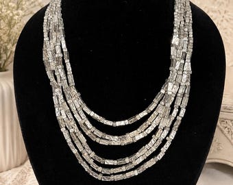 Chico’s Silver Tone Multi Strand Statement Necklace, Layered Geometric Cube Beads