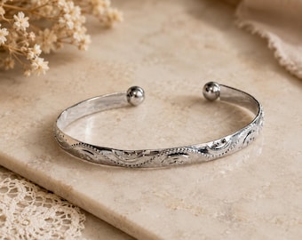 Silver Tone Engraved Open Cuff Bracelet, Floral Scroll Bangle with Ball Ends