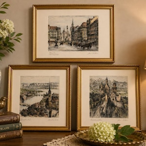 Set of 3 Paul Geissler Hand Colored Etchings Neuschwanstein Munich Zurich