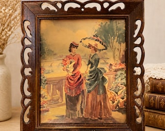 Victorian Era Ladies Artwork in Carved Wooden Frame – Vintage Wall Lithograph