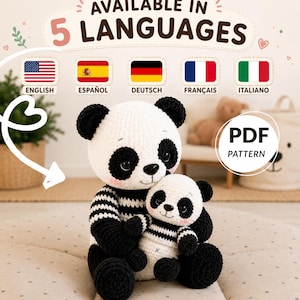 May include: A crocheted panda bear and a smaller panda bear are featured in this image. The bears are white with black accents and are wearing black and white striped shirts. The text "AVAILABLE IN 5 LANGUAGES" is at the top, with flags and language names below.