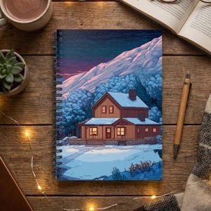 May include: Spiral-bound notebook featuring a pixelated winter landscape with a cabin, snow, and mountains. The notebook is open on a wooden surface with a cup of coffee, a succulent, a book, and a pen.