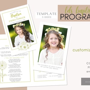 Può includere: Un programma stampabile per una cerimonia di battesimo. Il programma presenta un design floreale verde e bianco con una foto di una bambina con un vestito bianco. Il testo del programma include le parole "Benvenuti al battesimo di Emma Fowler" e "Sento l'amore del mio Salvatore".