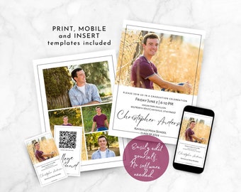 May include: A graduation invitation with a black and white border. The invitation features a photo of a young man in a red shirt sitting in a field of tall grass. The text on the invitation reads "Please join us in a graduation celebration Friday June 2 | 6-10 PM Hogan Park Pavilion 903 North 1755 Kaysville, Utah 84017 Christopher Anders Kaysville High School Class of 2024".