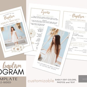 Puede incluir: Una plantilla de programa de dos caras para una ceremonia de bautismo. La cara delantera presenta una foto de una niña con un vestido blanco y un diseño floral. La cara trasera incluye la letra de la canción "When I Am Baptized" y una lista de los participantes en la ceremonia. El texto del programa dice "Bienvenido al bautismo de Ashley Mitchell, sábado 3 de noviembre de 2023".