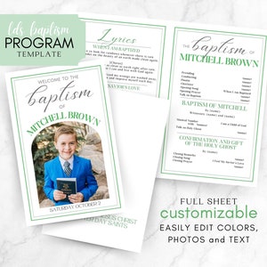 Puede incluir: Una plantilla de programa imprimible para una ceremonia de bautismo. La plantilla presenta un esquema de color verde y blanco con una foto de un niño pequeño con traje. El texto en la plantilla incluye las palabras "El Bautismo de Mitchell Brown" y "Bienvenido al Bautismo de Mitchell Brown".