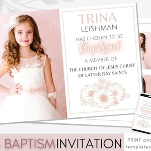 LDS Baptism Invitation Girl, LDS Baptism Invitation Girl, Baptism Invitation Instant Download, Canva Template, Editable Pink Daisy Floral