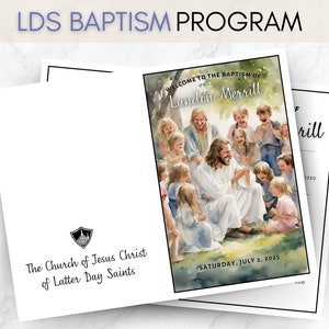 Puede incluir: Un programa de bautismo con el texto "LDS BAPTISM PROGRAM" en la parte superior. La portada presenta una ilustración en acuarela de Jesús con niños. Se muestra el texto "Welcome to the Baptism of Landon Merrill". También es visible la fecha "Saturday, July 2, 2025".