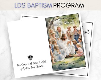 May include: A baptism program with the text "LDS BAPTISM PROGRAM" at the top. The front of the program features a watercolor illustration of Jesus with children. The text "Welcome to the Baptism of Landon Merrill" is displayed. The date "Saturday, July 2, 2025" is also visible.