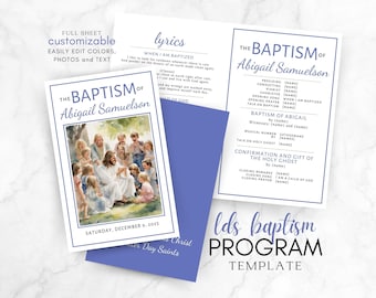 LDS 洗礼プログラム、カスタマイズ可能なテンプレート、簡単に編集できる Canva ダウンロード、女の子または男の子の洗礼プログラム、キリストの水彩画