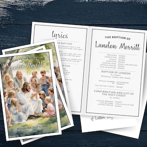 Puede incluir: Un programa para una ceremonia de bautismo para Landon Merrill. El programa presenta una ilustración de acuarela de Jesús con niños. El programa incluye el orden del servicio, las letras de las canciones y los nombres de los oficiantes.