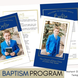 Puede incluir: Una plantilla de programa de bautismo azul y dorado con una foto de un niño pequeño con un traje azul. El texto del programa dice "Bienvenido al bautismo de Carson Yates" y "La Iglesia de Jesucristo de los Santos de los Últimos Días".