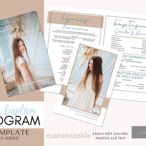 Puede incluir: Una plantilla de programa de dos caras para una ceremonia de bautismo. La cara delantera presenta una foto de una niña con un vestido blanco y el texto "Bienvenido al bautismo de Samantha Jo Howard". La cara trasera incluye la letra de la canción "Cuando soy bautizado" y una lista de los participantes en la ceremonia.