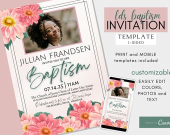 LDS Baptism Invitation Girl, LDS Baptism Invitation, Baptism Invitation Instant Download, Editable One Sided Daisy Photo Baptism Invite