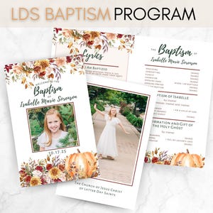 Puede incluir: Un programa para una ceremonia de bautismo con un tema otoñal. El programa incluye una foto de la persona que se bautiza, una calabaza y decoraciones florales. El texto del programa incluye el nombre de la persona que se bautiza, "Isabelle Marie Sorenson", y la fecha del bautismo, "10.17.25". El programa también incluye la letra de la canción "Soy bautizado".