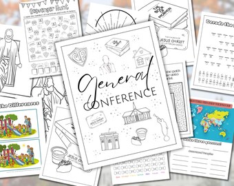 May include: Black and white printable coloring pages featuring a variety of activities related to the Church of Jesus Christ of Latter-day Saints General Conference. The pages include a scavenger hunt, a word search, a maze, a decode the message activity, a spot the difference activity, and a make three questions activity. The pages also feature images of the Salt Lake Temple, the Book of Mormon, and the Christus statue.