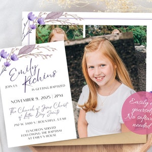 Peut inclure: Invitation de baptême avec un design floral violet et une photo d'une jeune fille. L'invitation comprend le nom "Emily Richins", la date "9 novembre 2025" et l'heure "14h00". Elle comprend également l'adresse "The Church of Jesus Christ of Latter-day Saints, 792 W 3400 S, Bountiful, Utah".