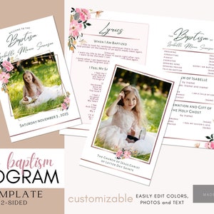 Puede incluir: Una plantilla de programa imprimible de dos caras para una ceremonia de bautismo. La parte delantera presenta un diseño floral rosa con una foto de una niña con un vestido blanco. La parte trasera incluye una lista de los participantes de la ceremonia y el orden de los eventos. El texto dice "Bienvenido al bautismo de Isabelle Marie Gorwazem" y "Sábado 3 de noviembre de 2025".