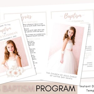 Puede incluir: Un programa imprimible para una ceremonia de bautismo. El programa presenta una foto de una niña con un vestido blanco, un fondo rosa y el texto "Bienvenido al bautismo de Trina Leishman, sábado 3 de noviembre de 2025".