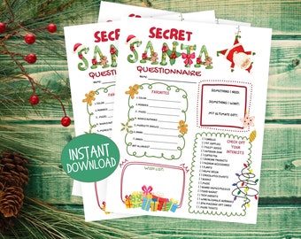 May include: Printable Secret Santa questionnaire with a festive Christmas theme. The questionnaire includes sections for favorites, something I need, something I want, my ultimate gift, and a wish list. There is also a checklist of interests to help you find the perfect gift.
