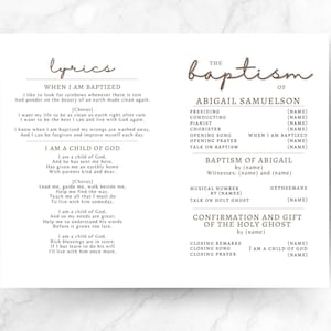 The lds baptism program side two has a lyrics section to print words for the opening and closing songs and can be edited for your event. The other section of side 2 has the run down of the program including talks, songs and baptism and confirmation.