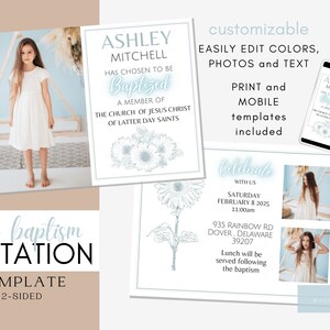 LDS Baptism Invitation Girl, Baptism Invitation Instant Download, LDS Baptism Invitation, Editable Canva Template, Blue Daisy Floral