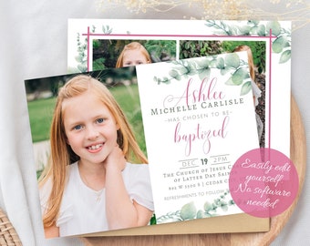 LDS Baptism Invitation | LDS Baptism Girl | Baptism Invitation Instant Download | Baptism Invitation | Canva Template | CTR