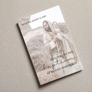 The LDS Baptism Program template will show Jesus as a shepherd on the front cover when folded over and show the name The Church of Jesus Christ of Latter Day Saints along with the emblem of belonging.