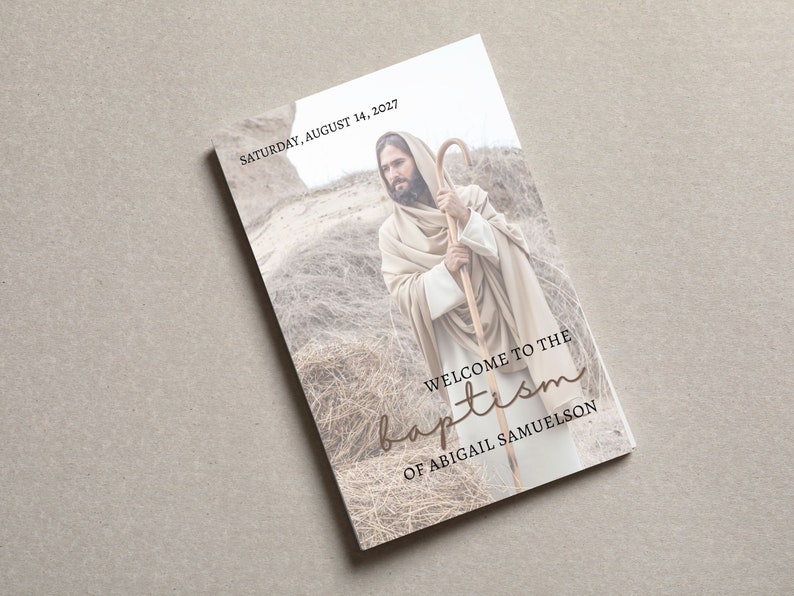 The LDS Baptism Program template will show Jesus as a shepherd on the front cover when folded over and show the name The Church of Jesus Christ of Latter Day Saints along with the emblem of belonging.