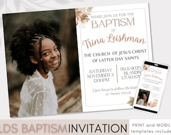 LDS Baptism Invitation Girl, LDS Baptism Invitation, Baptism Invitation Instant Download, Editable One Sided Floral Photo Baptism Invite