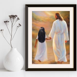 May include: A painting of a man and a young girl walking hand-in-hand down a path. The man is wearing a white robe and the girl is wearing a white dress. The background is a soft, golden light.