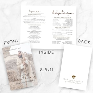 The customizable lds baptism program template is an 8.5x11 template allowing you to easily print from home or your favorite print shop. You will print the 2 sided invitation and then fold in half to create the perfect program.