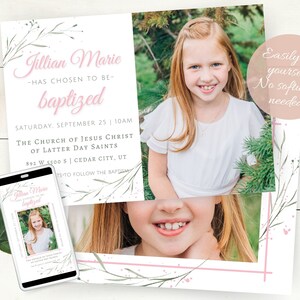 LDS Baptism Invitation, LDS Baptism Invitation Girl, Pink and Green Baptism, LDS Baptism, Baptism Invitation Girl