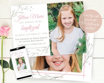 LDS Baptism Invitation, LDS Baptism Invitation Girl, Pink and Green Baptism, LDS Baptism, Baptism Invitation Girl
