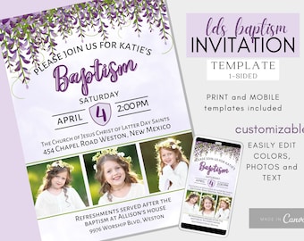 LDS Baptism Invitation Girl | LDS Baptism Invitation | LDS Baptism Invite | Baptism Invitation Instant Download | One Sided Floral Invite