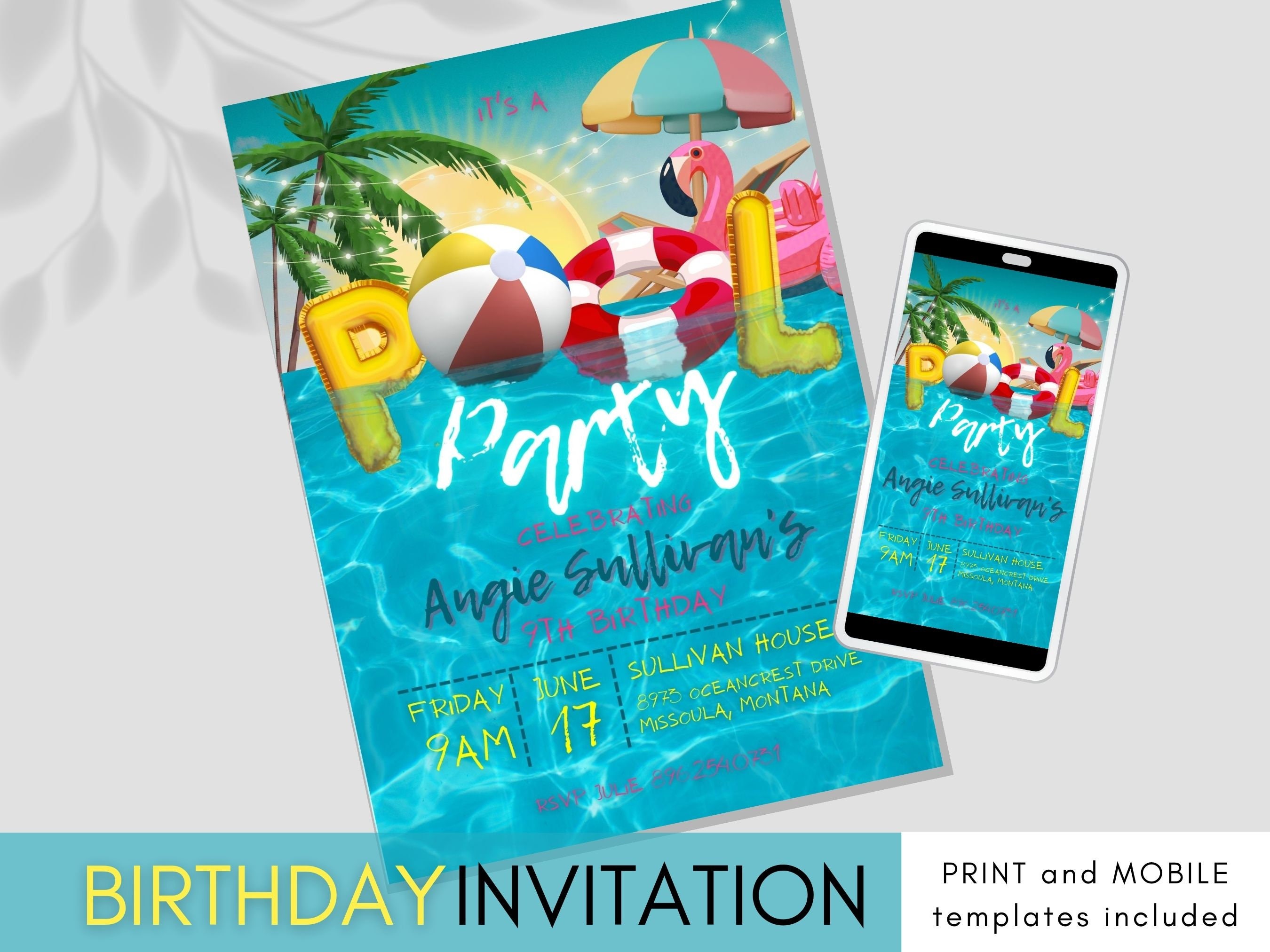 Pool Party Birthday Invitation, Birthday Party Editable Template, Party