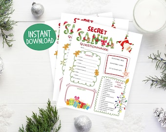 May include: Printable Secret Santa questionnaire with a festive Christmas theme. The questionnaire includes sections for favorites, something I need, something I want, my ultimate gift, and a wish list. It also includes a section to check off interests.