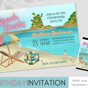 Invitación de cumpleaños de playa / Invitación de fiesta de cumpleaños / Plantilla de invitación editable / Invitación de fiesta de cumpleaños / Invitación de cumpleaños de fiesta en la piscina