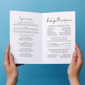 The LDS baptism program template, when folded will have the lyrics and baptism run down on the inside of the folded 8.5x11 page.