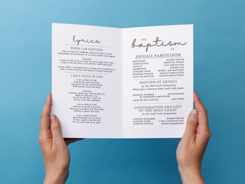 The LDS baptism program template, when folded will have the lyrics and baptism run down on the inside of the folded 8.5x11 page.