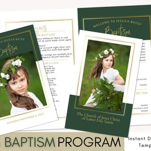 Può includere: Un modello di programma di battesimo verde e oro con una foto di una bambina che indossa un abito bianco e una corona di fiori. Il testo del programma recita "Benvenuti al battesimo di Jessica Bates" e "La Chiesa di Gesù Cristo dei Santi degli Ultimi Giorni".