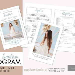 Puede incluir: Una plantilla de programa imprimible de dos caras para una ceremonia de bautismo. La plantilla presenta un diseño floral azul y blanco con una foto de una niña con un vestido blanco. El texto del programa incluye el nombre de la persona que se bautiza, la fecha del bautismo y la letra de un himno. El programa también incluye una sección para el orden del servicio.