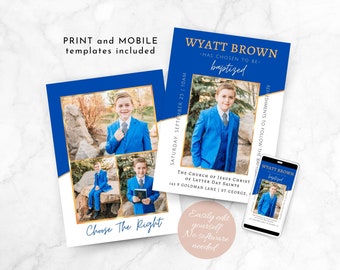 May include: A blue and gold baptism invitation with a photo of a young boy in a blue suit. The invitation includes the text "Wyatt Brown - Has Chosen to Be - Baptized" and the date and time of the baptism. The invitation also includes the text "The Church of Jesus Christ of Latter-day Saints" and the address of the church.
