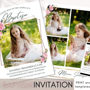 Puede incluir: Un diseño floral rosa y dorado con el texto "PLEASE JOIN US FOR ISABELLE'S Baptism" y "SATURDAY, NOVEMBER 3 | 11 AM THE CHURCH OF JESUS CHRIST OF LATTER DAY SAINTS 45 N ROSEWOOD LANE | TOOELE, UTAH 82090 REFRESHMENTS TO FOLLOW THE BAPTISM" sobre un fondo blanco. La imagen también incluye una foto de una niña con un vestido blanco y un diseño floral con el texto "LDS BAPTISM INVITATION" y "PRINT and MOBILE templates included" sobre un fondo marrón claro.