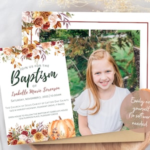 May include: Baptism invitation featuring a photo of a smiling girl with red hair. The invitation includes floral and pumpkin accents, with text that reads "Join us for the Baptism of Isabelle Marie Sorenson."